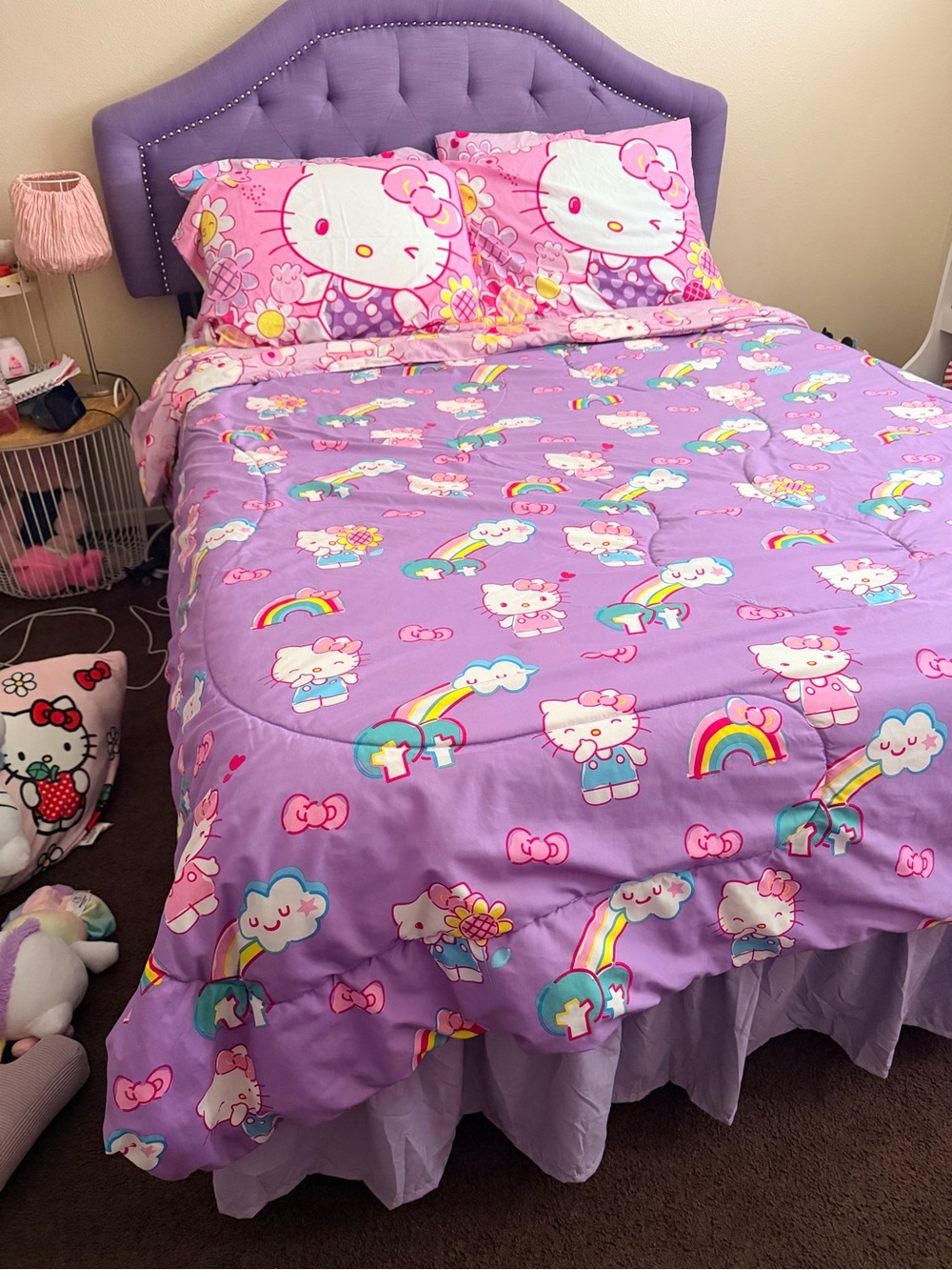 Hello Kitty Purple and Pink Kids Comforter Set with Rainbows